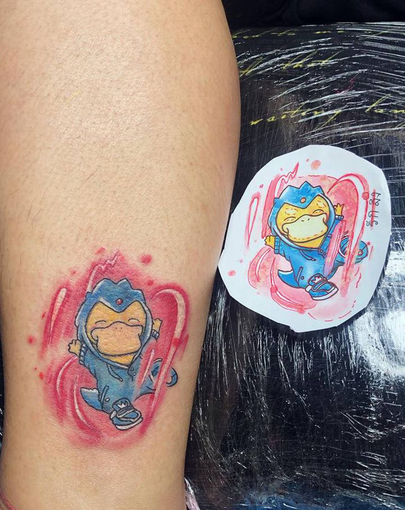 可达鸭纹身图片_腿部New School纹身图案