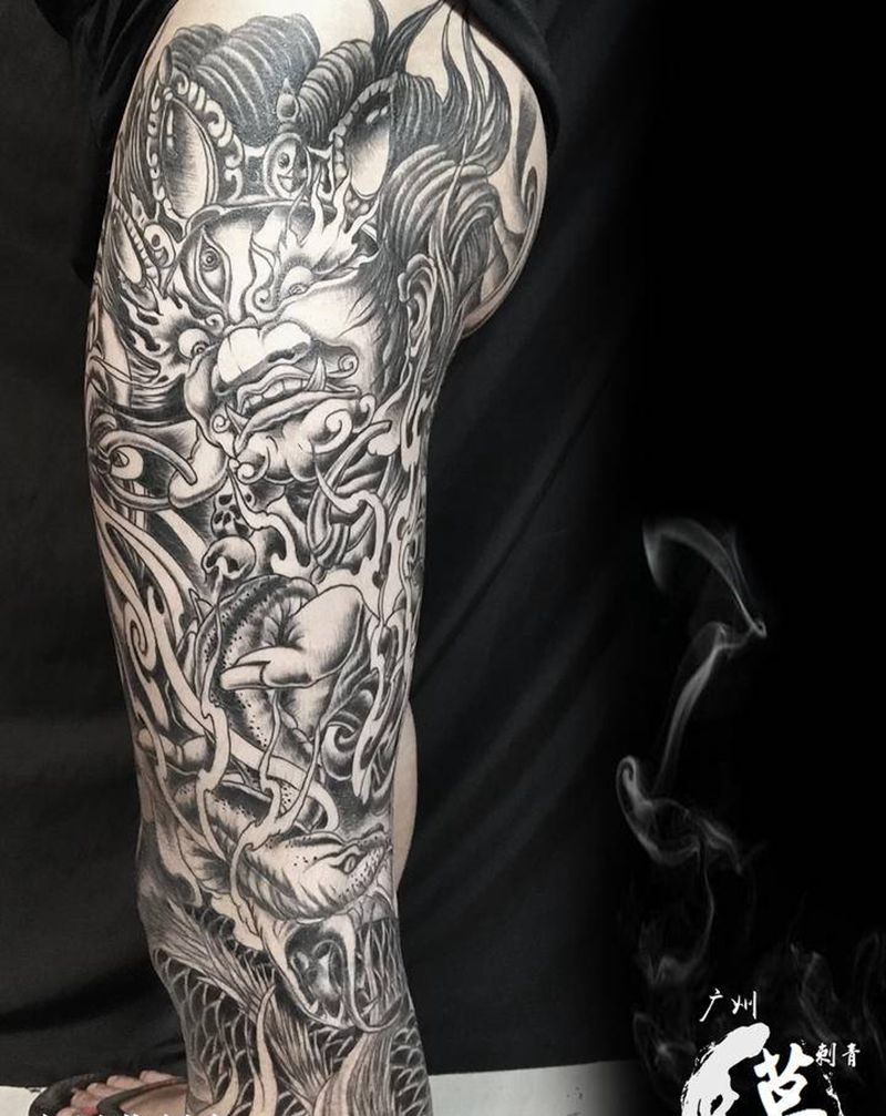 黑灰传统花腿纹身图片_脚部腿部新传统老传统花腿,黑灰纹身图案