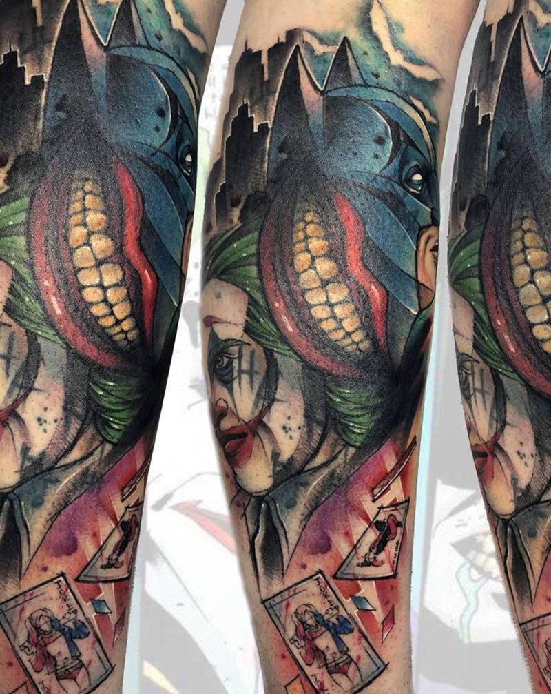 修改添加小丑蝙蝠侠纹身图片_腿部脚部水彩纹身图案