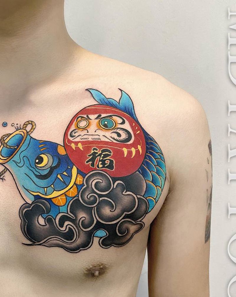 达摩蛋纹身图片_肩部胸部新传统老传统达摩蛋鲤鱼祥云纹身图案