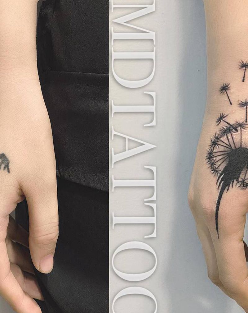 蒲公英遮盖纹身图片_手部手臂几何蒲公英遮盖虎口纹身图案