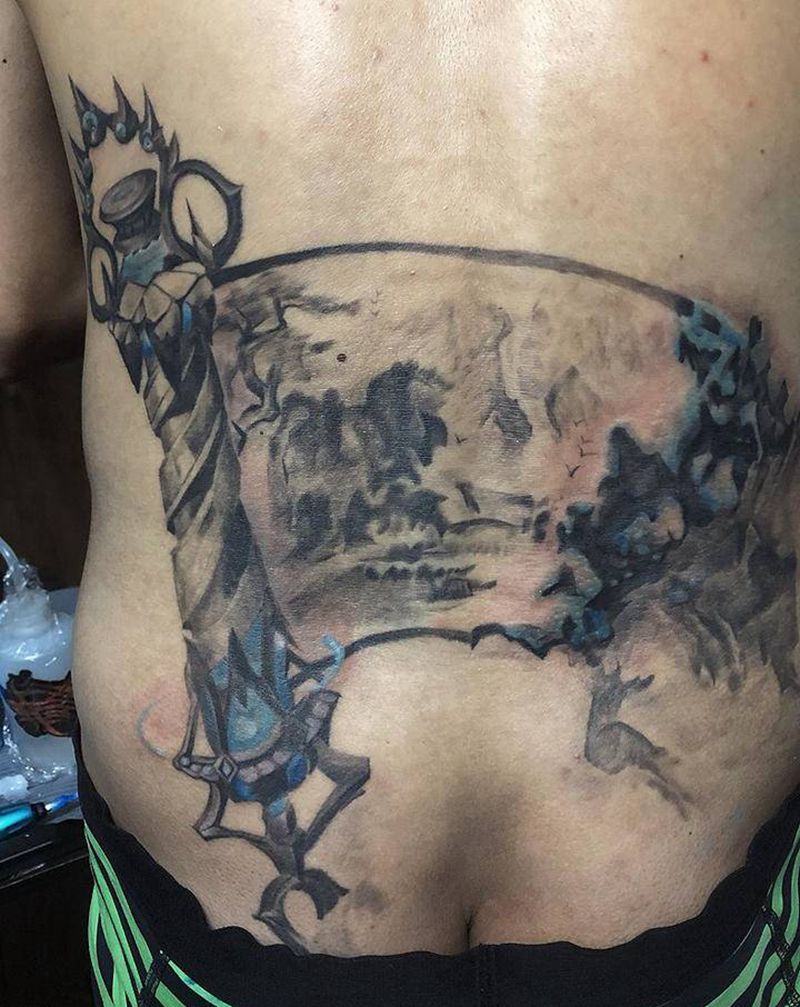 千里江山图纹身图片_背部水墨纹身图案
