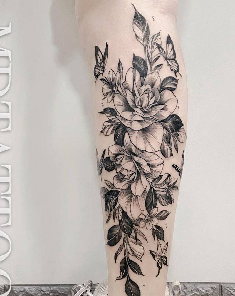 素花纹身图片_腿部脚部几何点刺素花蝴蝶小腿纹身图案