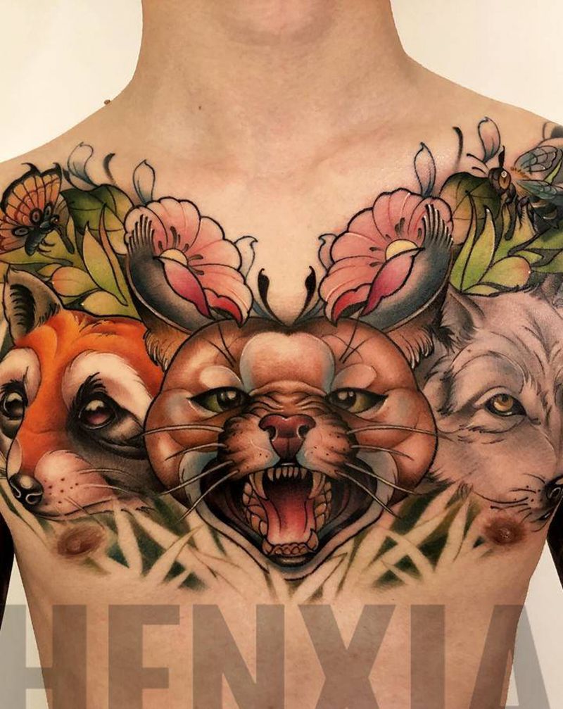 动物花园纹身图片_胸部New School纹身图案