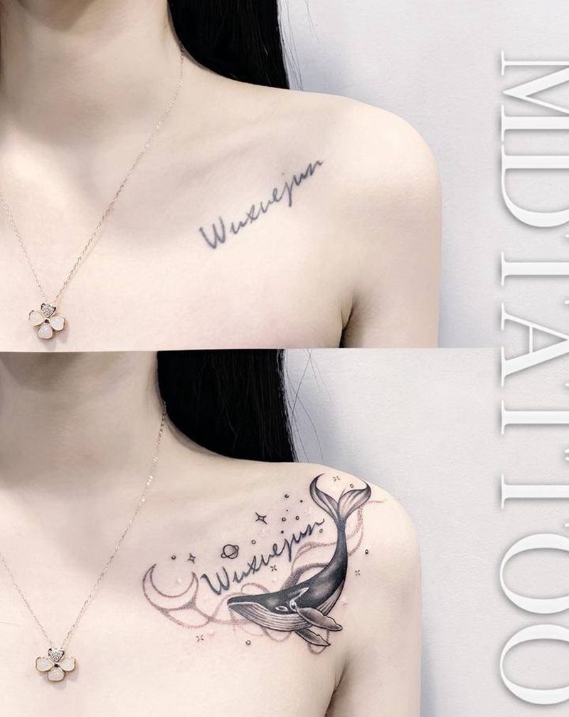 锁骨鲸鱼纹身图片_胸部肩部几何点刺鲸鱼英文纹身图案