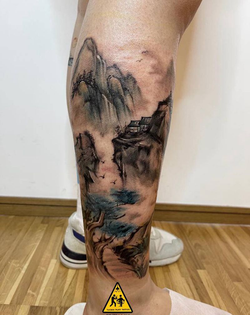水墨山水纹身图片_腿部水墨纹身图案