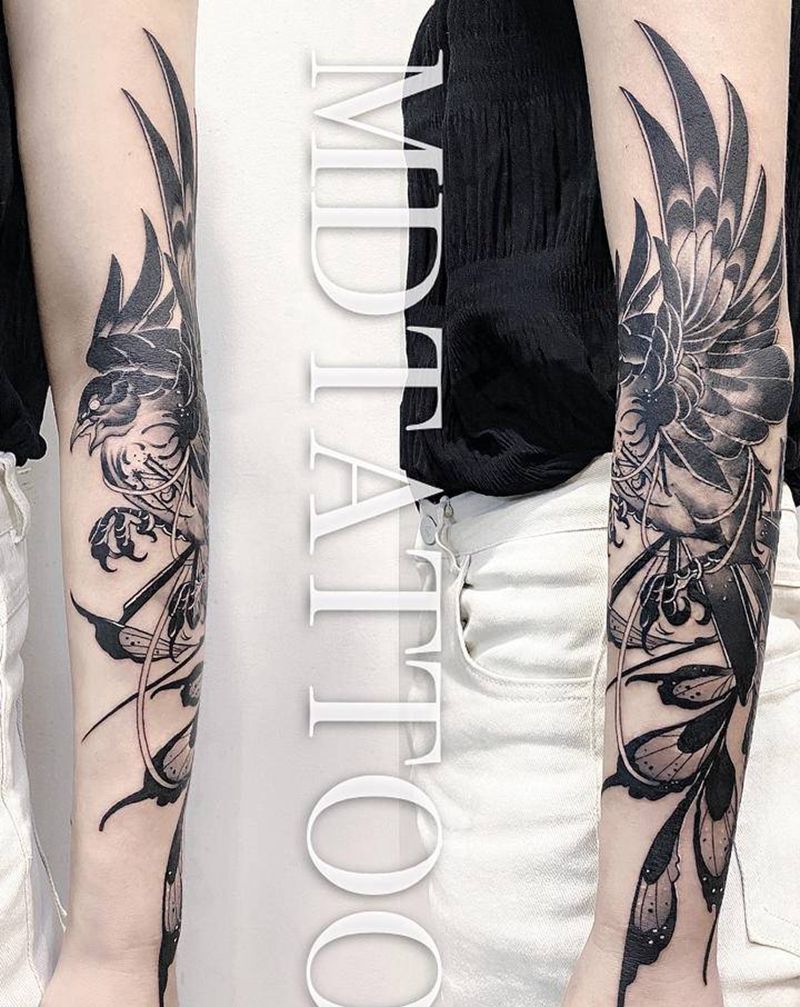 燕子纹身图片_手臂手部花体字点刺暗黑燕子植物纹身图案