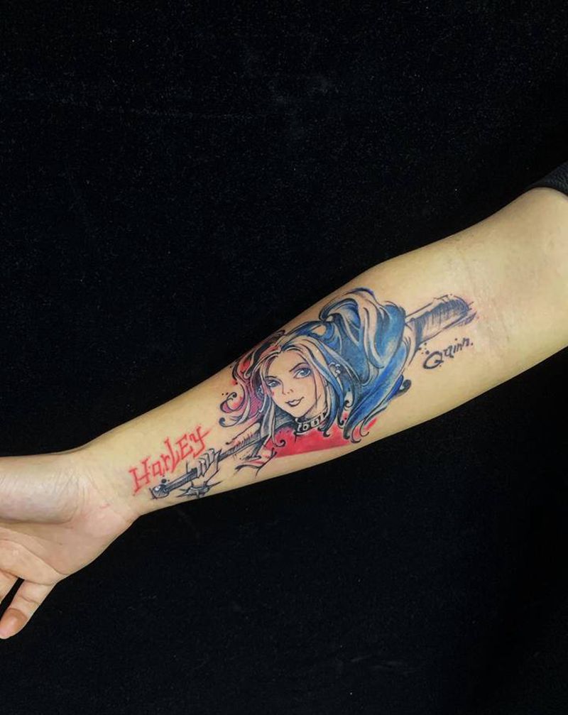 非原创，客人自带小丑女纹身图片_手臂水彩New School纹身图案