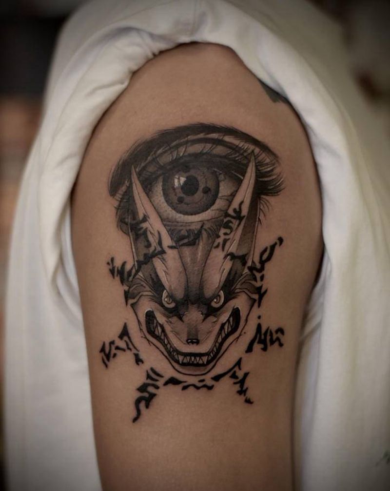 火影封印九尾写轮眼纹身图片_手臂手部New School欧美写实纹身图案