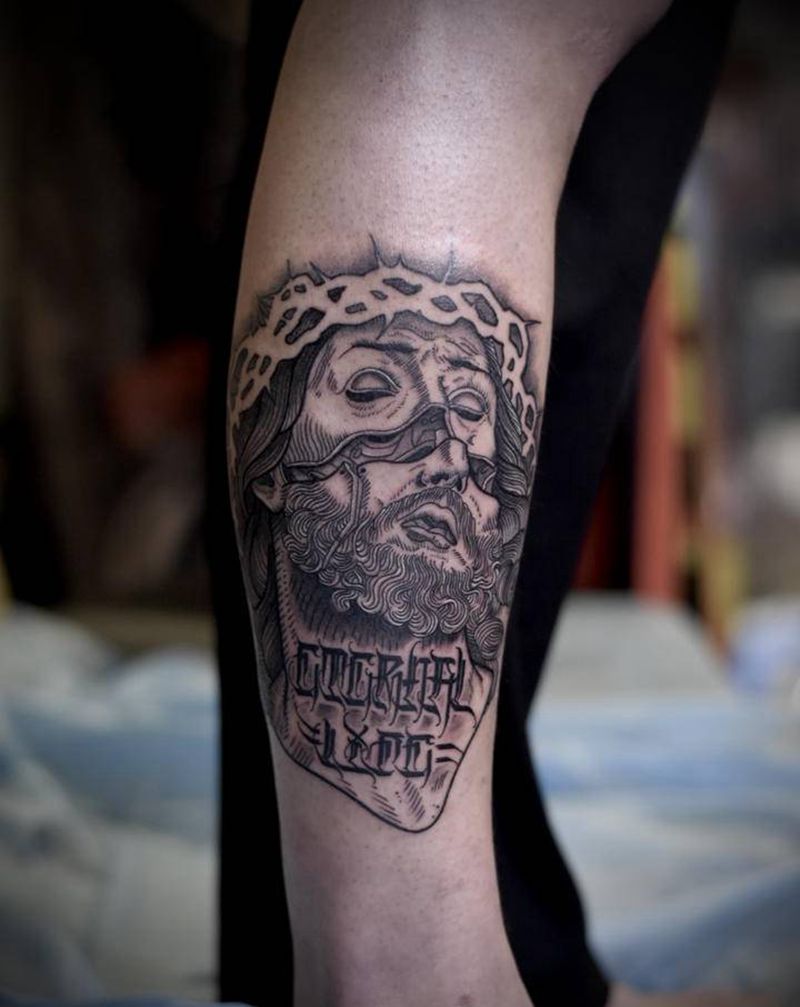 花体字耶稣纹身图片_脚部腿部Old School花体字纹身图案