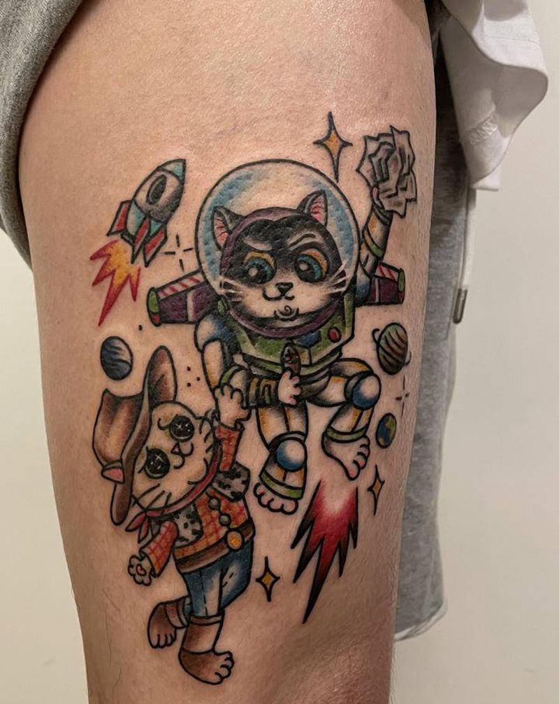 玩具总动猫纹身图片_腿部Old School猫纹身图案