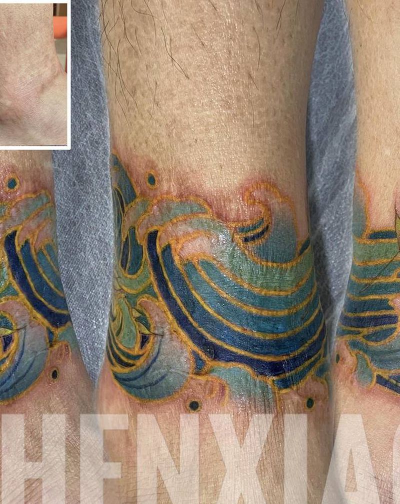 海浪遮盖疤痕纹身图片_脚部海浪纹身图案