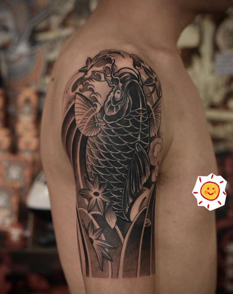 鲤鱼完美遮盖图腾纹身图片_手臂手部新传统老传统纹身图案