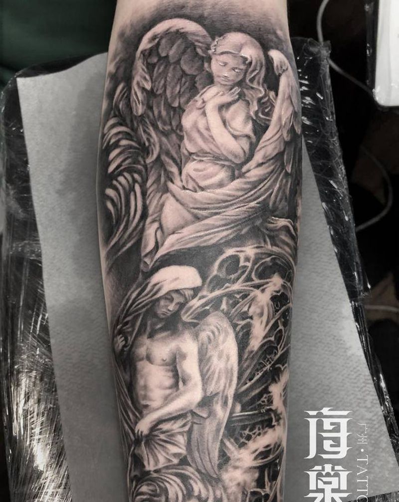 天使雕塑纹身图片_手臂欧美写实纹身图案