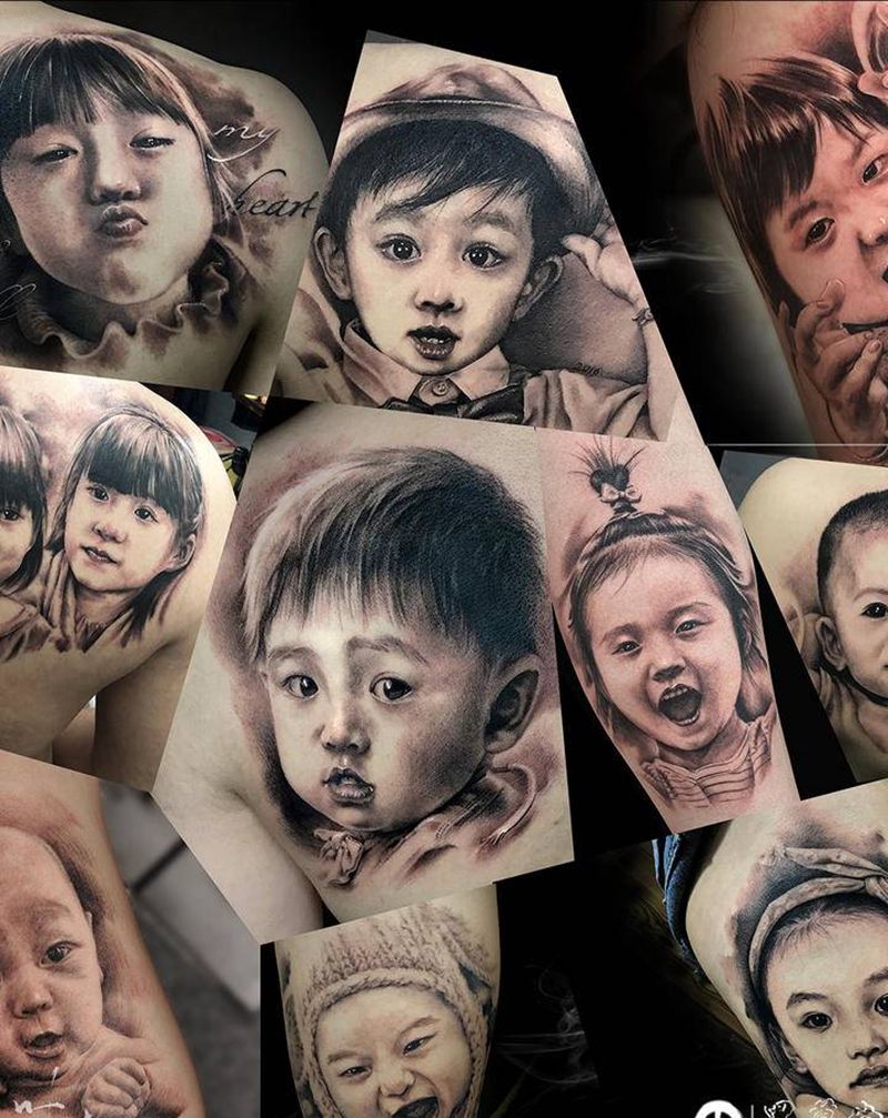 小可爱们纹身图片_背部欧美写实纹身图案