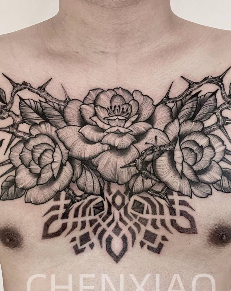 素花荆棘纹身图片_胸部几何荆棘素花纹身图案