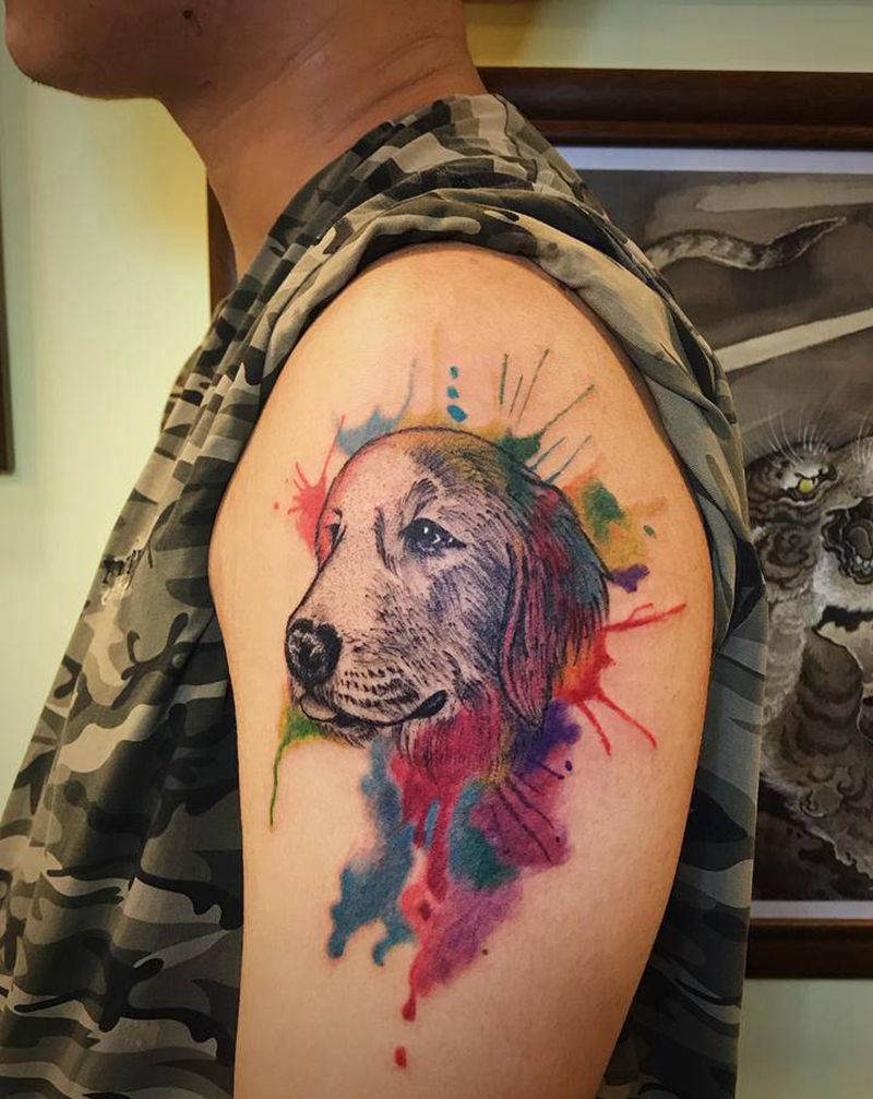 原创水彩金毛纹身图片_手臂水墨水彩纹身图案