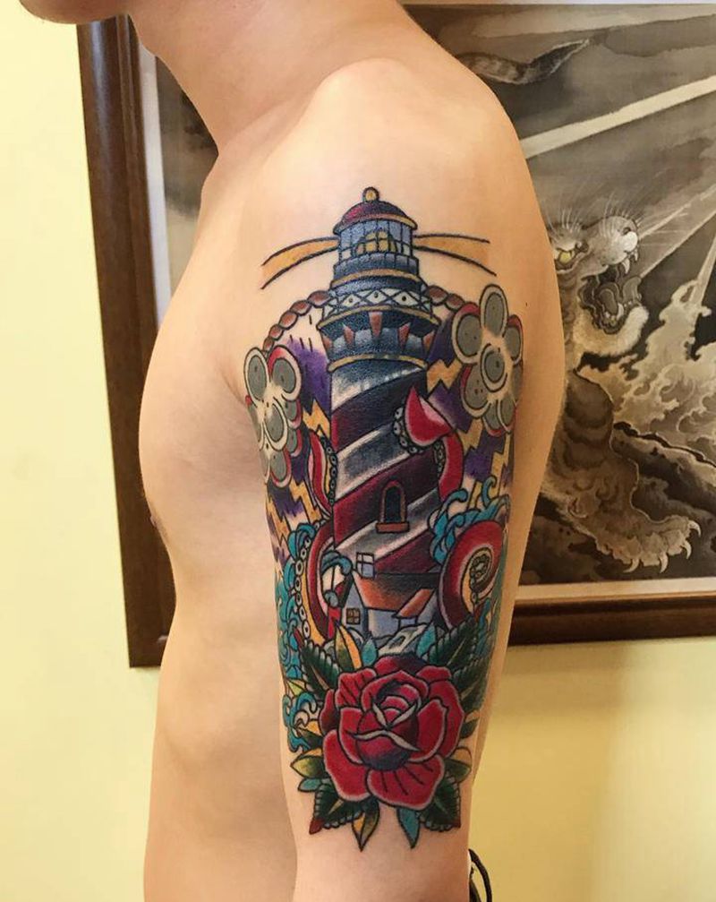 灯塔遮盖旧纹身纹身图片_手臂Old School纹身图案