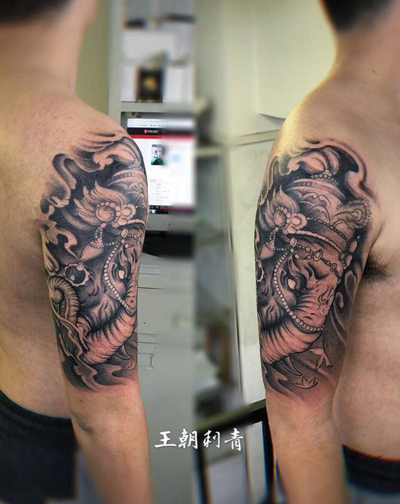 象纹身图片_手臂新传统象神纹身图案