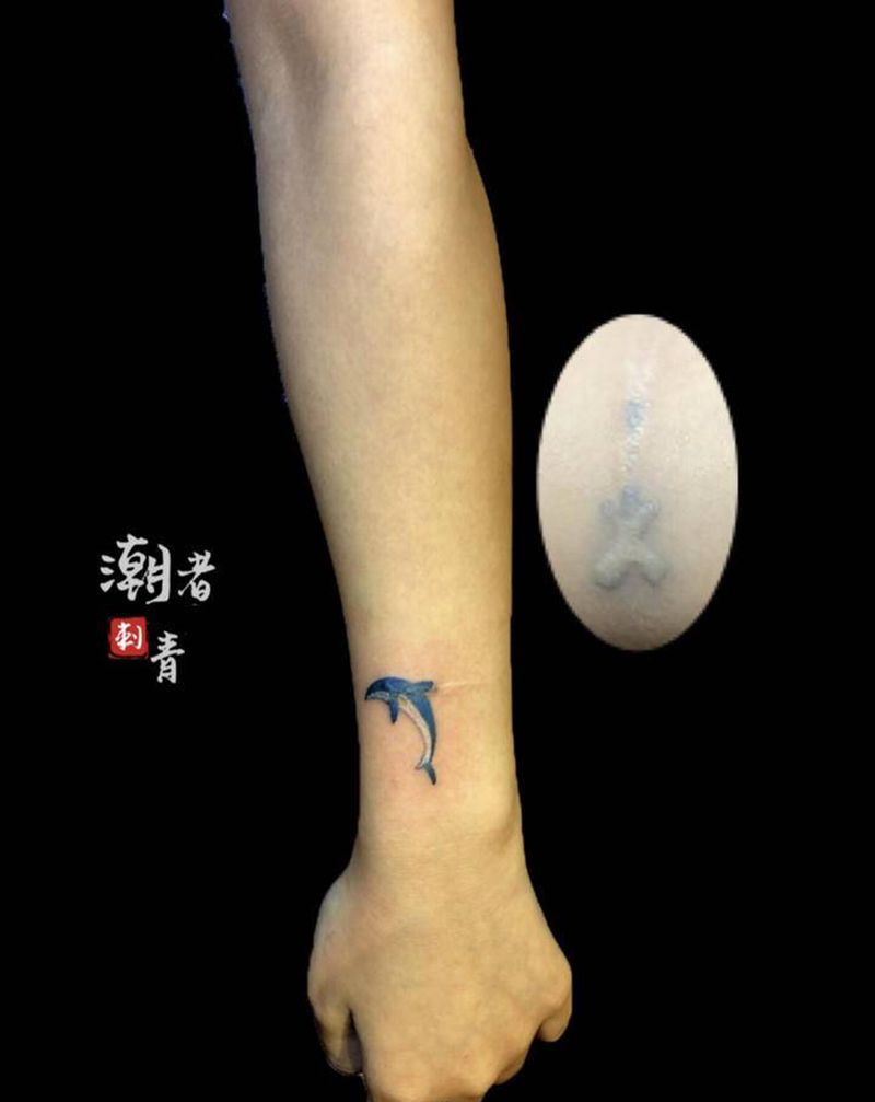 遮盖 小海豚纹身图片_手臂水彩纹身图案