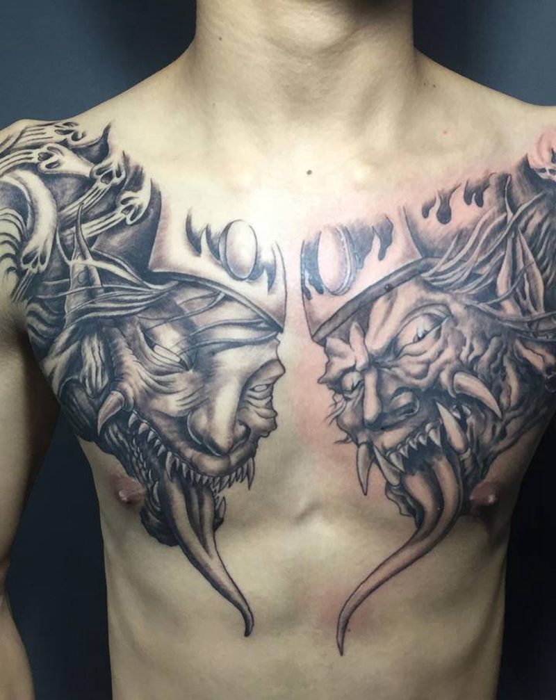 黑白无常花胸纹身图片_胸部新传统黑白无常花胸帅哥纹身图案