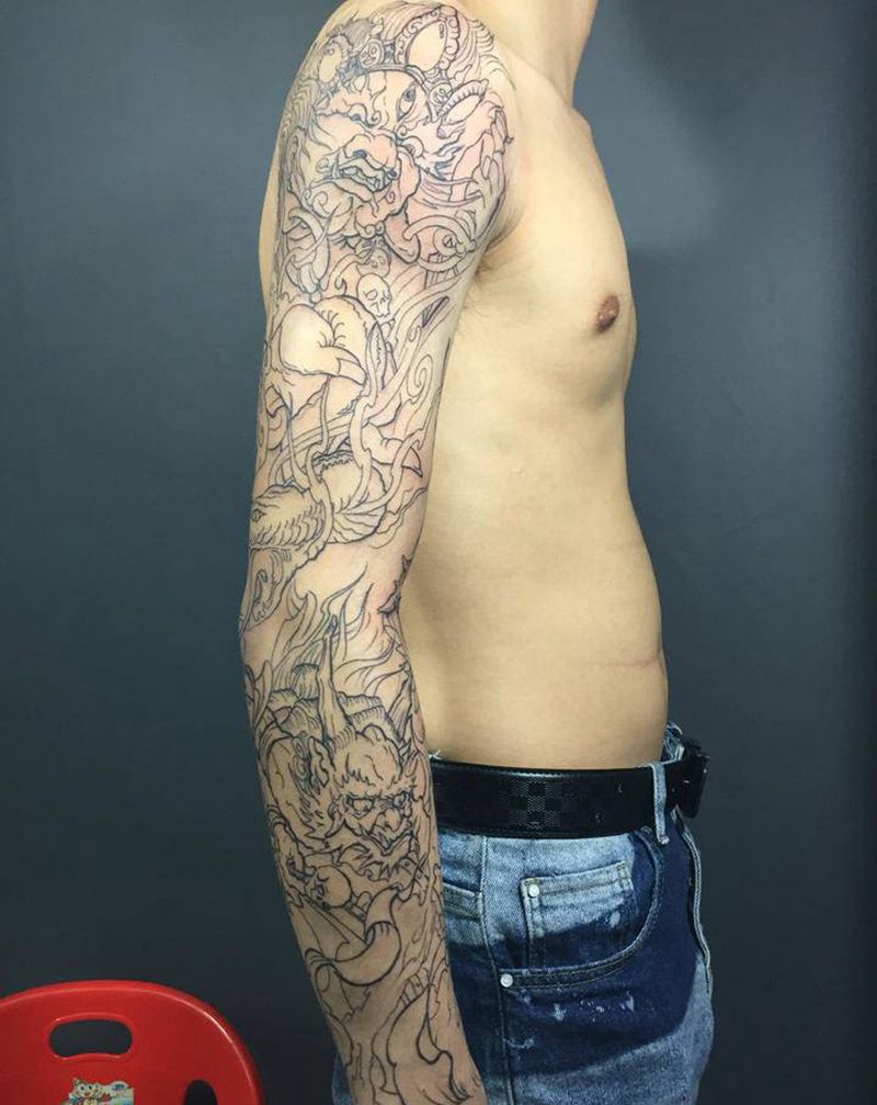 大黑天、雷神加龙包花臂纹身图片_手臂新传统大黑天雷神龙纹身图案