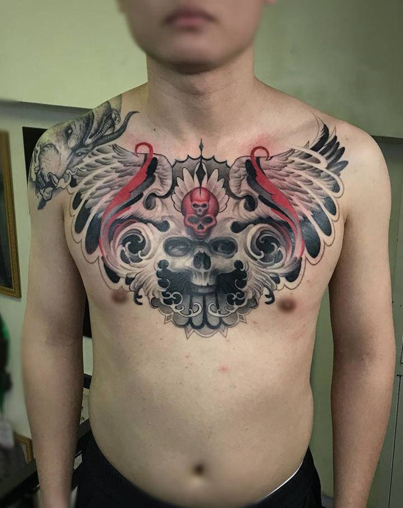 花胸纹身图片_胸部新传统花胸骷髅纹身图案