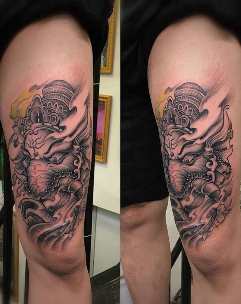 象神纹身图片_腿部新传统象神纹身图案