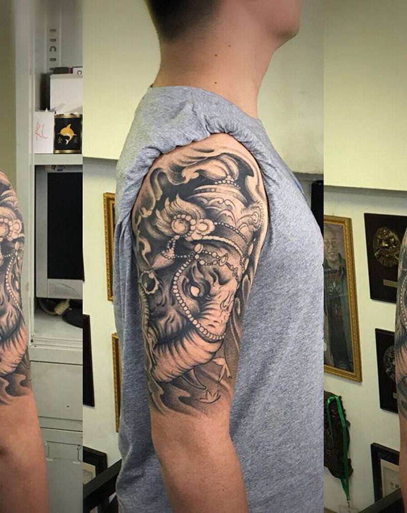 象神纹身图片_手臂新传统象神纹身图案