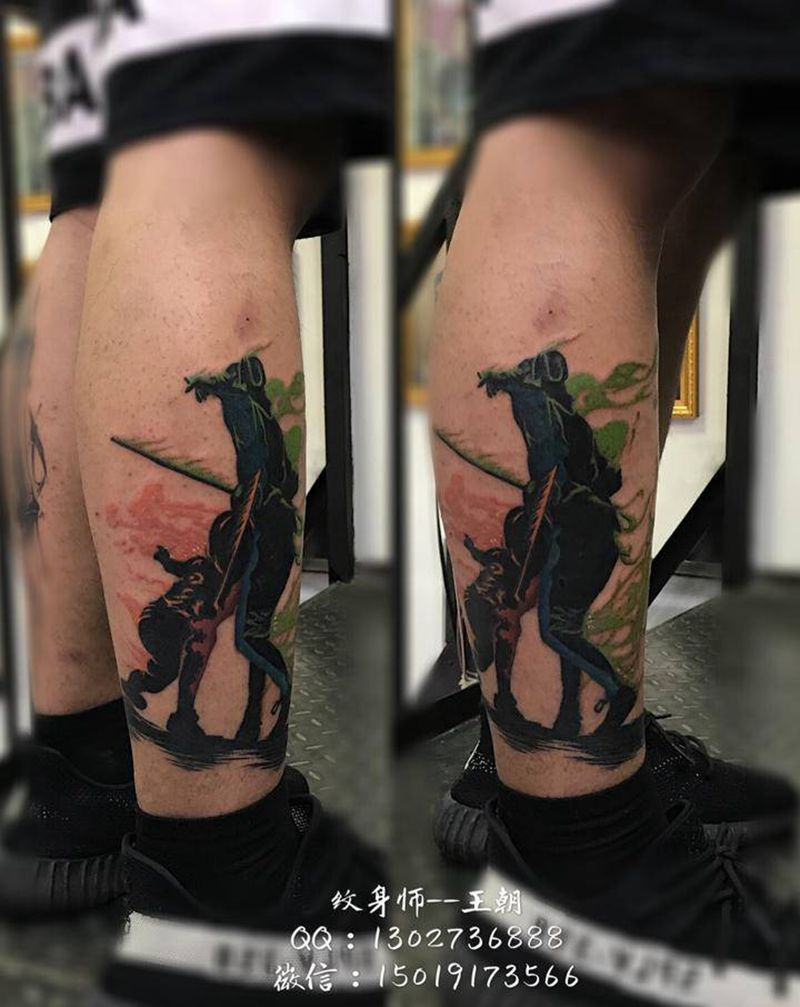 击剑纹身图片_腿部水彩人物纹身图案