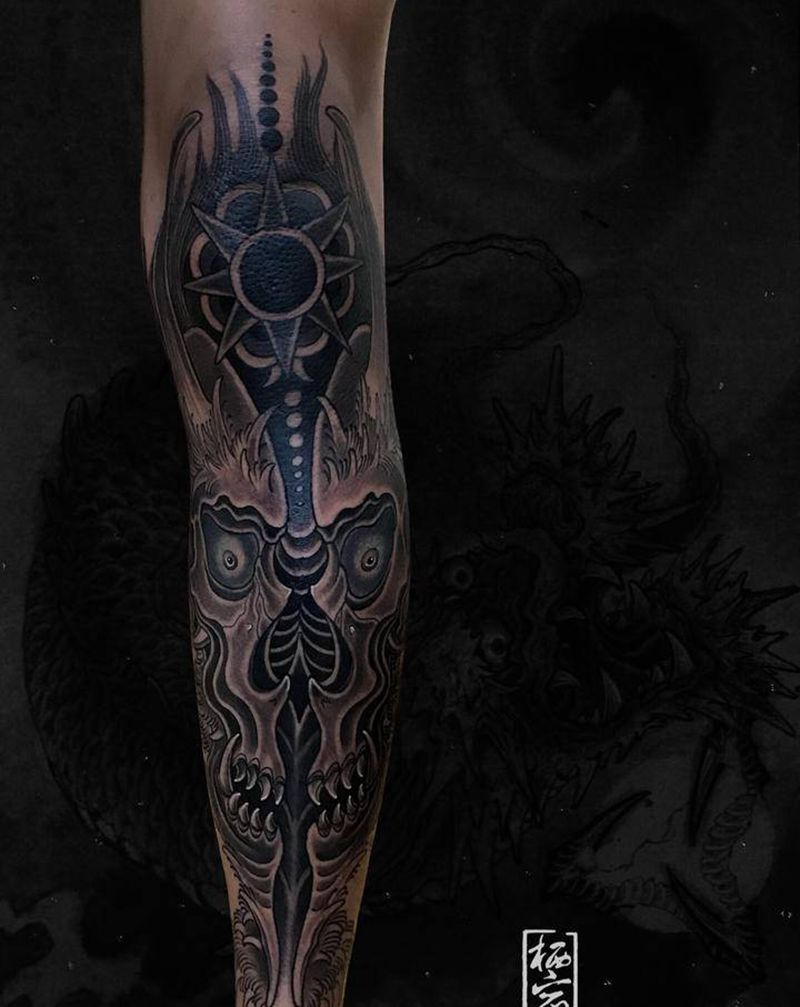 骷髅纹身图片_脚部腿部欧美写实纹身图案