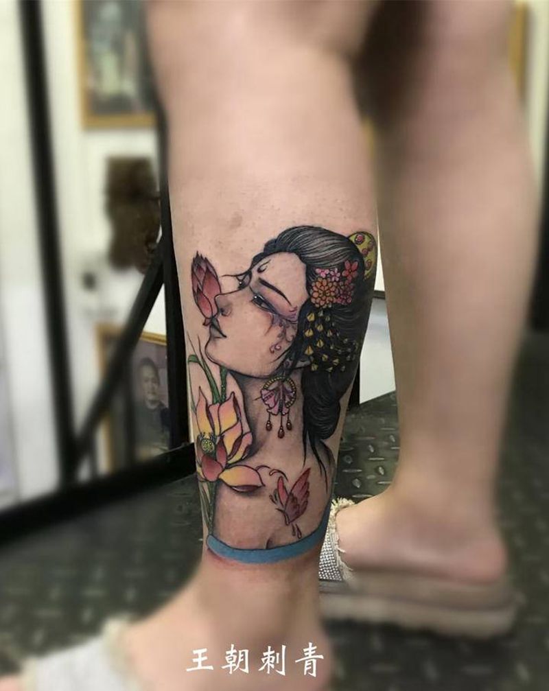 艺妓纹身图片_腿部新传统艺妓纹身图案