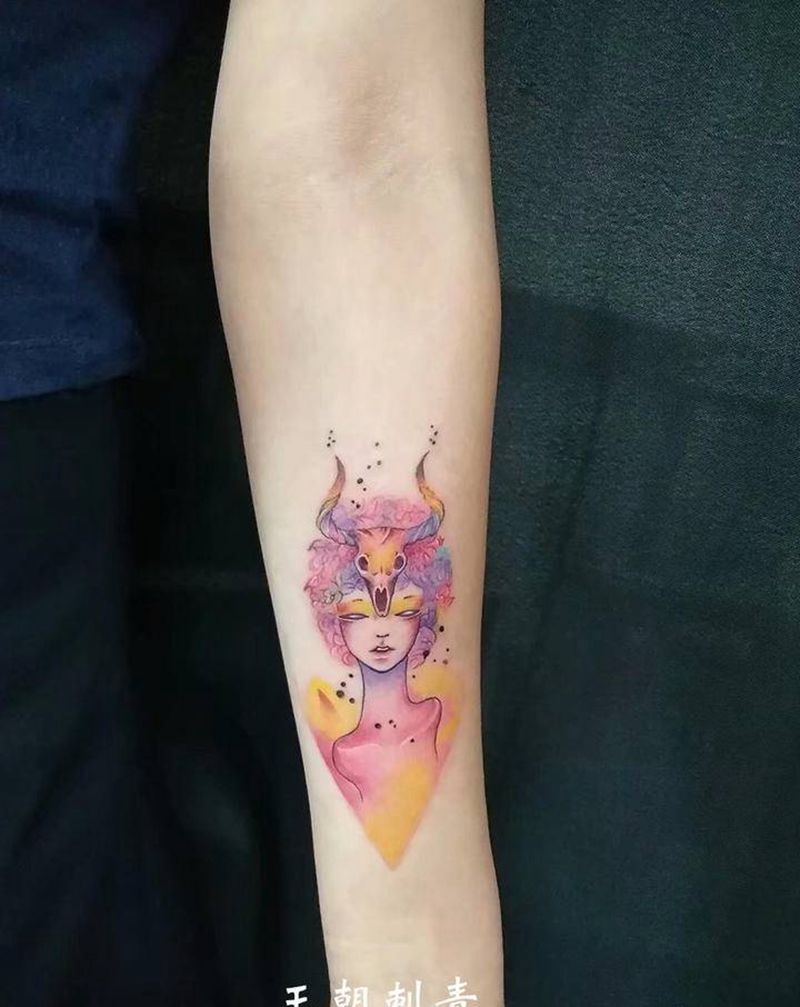 白羊座纹身图片_手臂水彩人物纹身图案