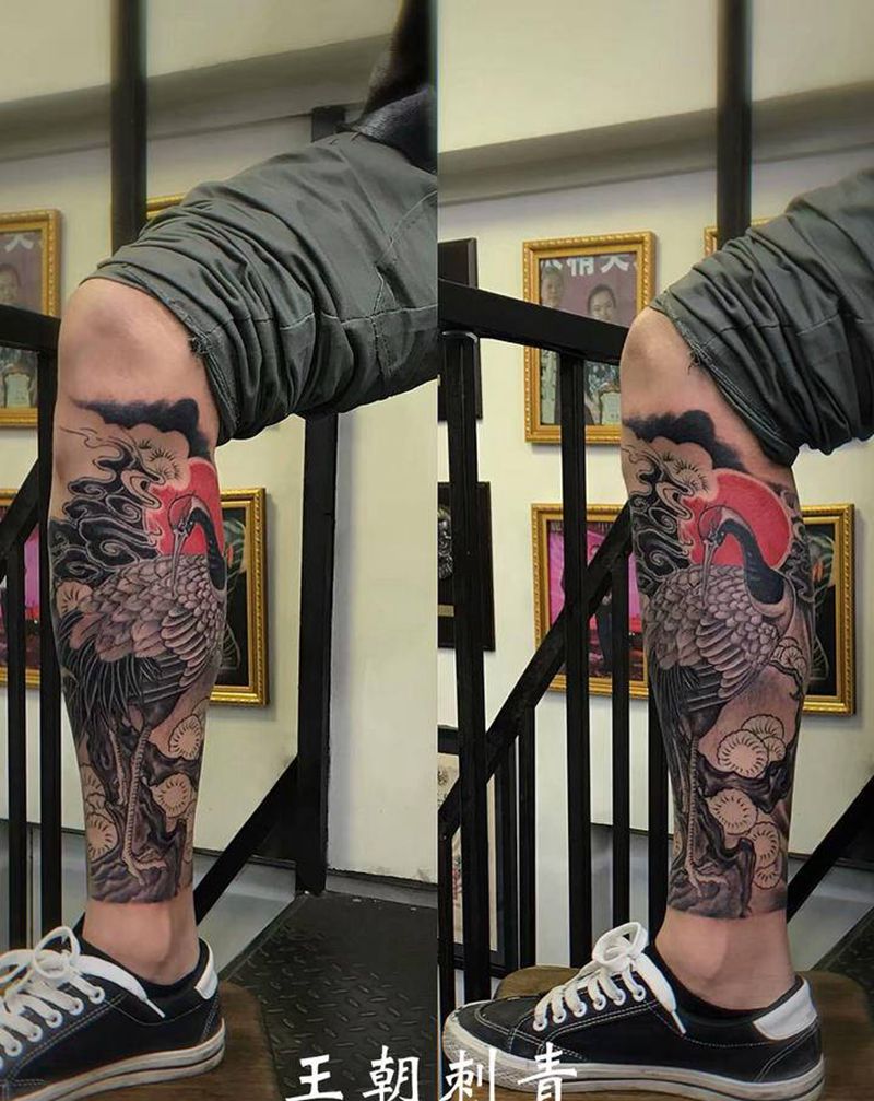 丹顶鹤纹身图片_腿部新传统丹顶鹤纹身图案