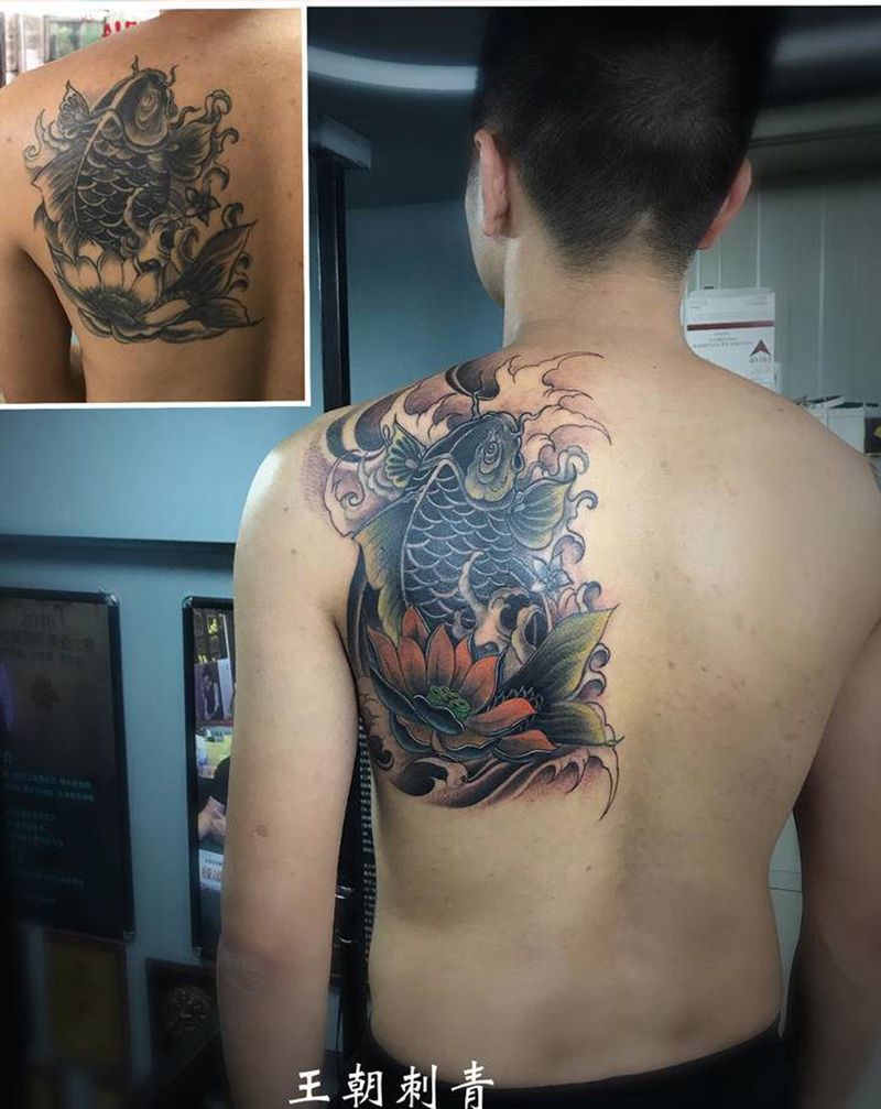 鲤鱼纹身图片_背部新传统修改鲤鱼纹身图案