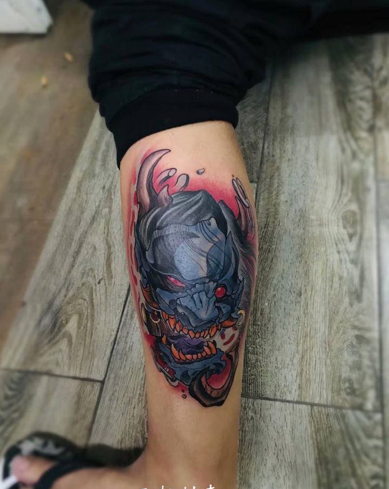 般若纹身图片_腿部新传统水彩般若纹身图案