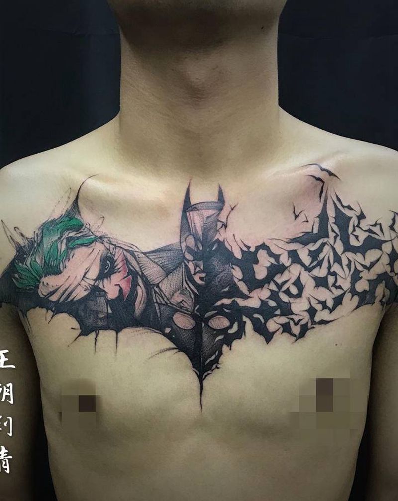 花胸纹身图片_胸部新传统点刺花胸胸口纹身图案