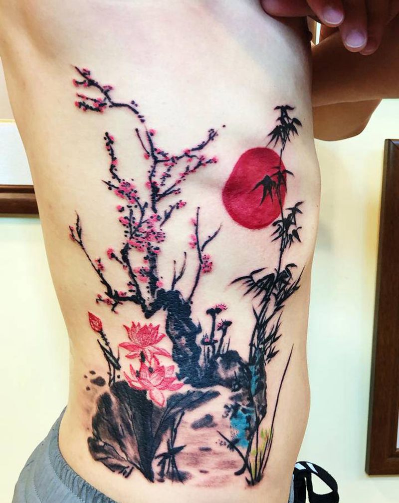 原创手稿纹身图片_腹部腰部水彩水墨纹身图案