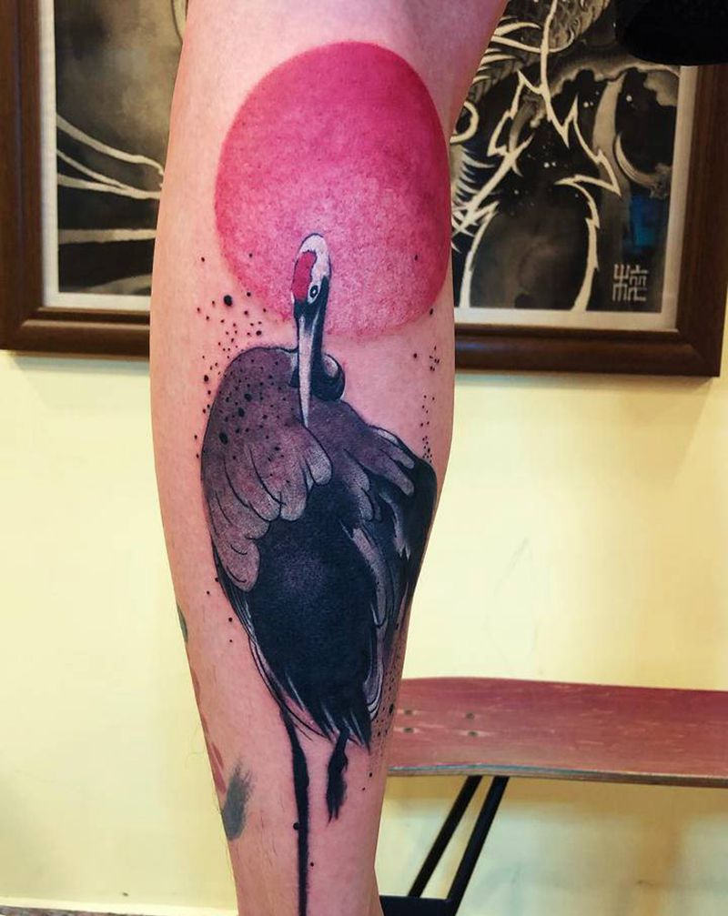 水墨仙鹤纹身图片_脚部水彩水墨纹身图案