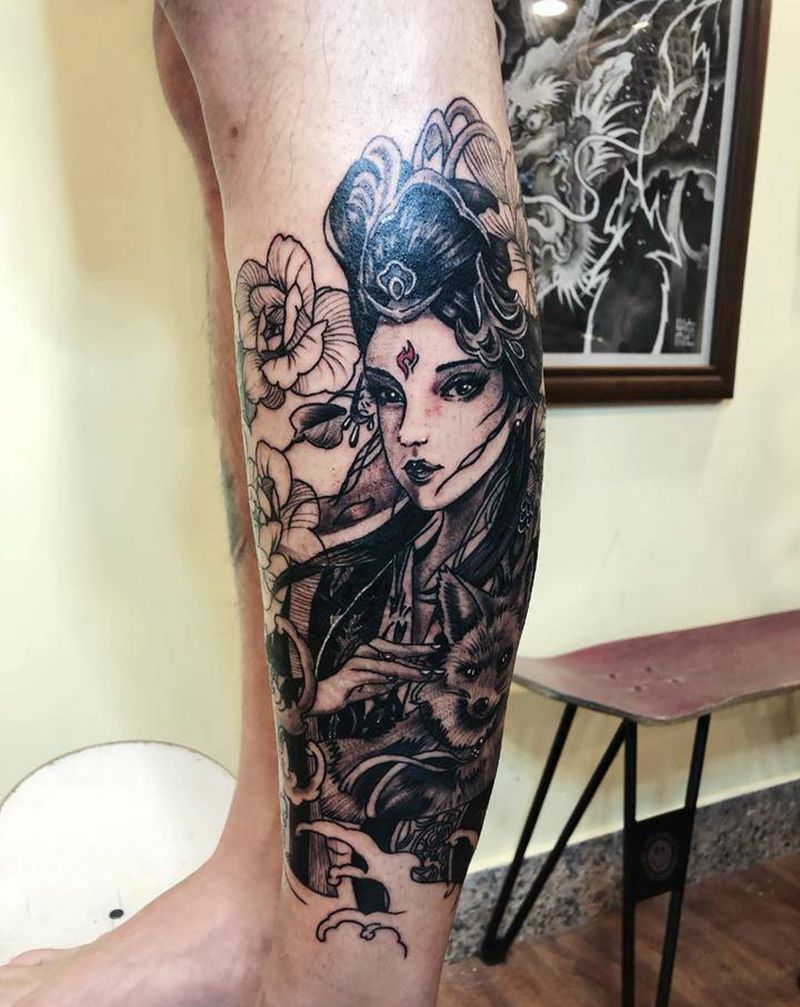 艺妓遮盖疤痕纹身图片_腿部新传统纹身图案