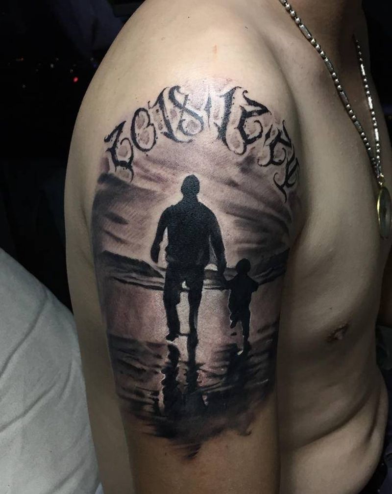 父爱纹身图片_手臂欧美写实花体字纹身图案