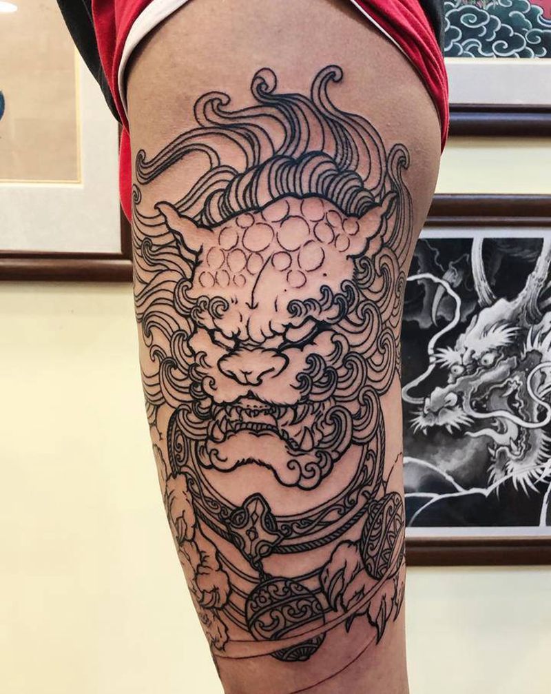 唐狮未完成纹身图片_腿部新传统纹身图案