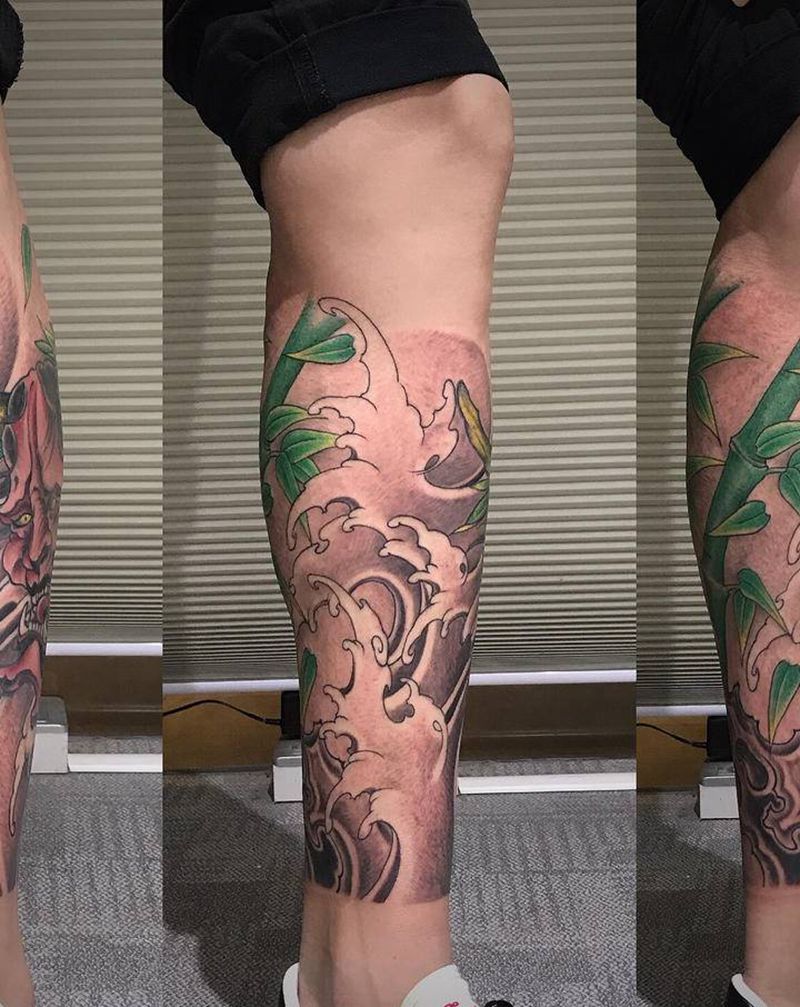 浪纹身图片_腿部新传统水浪纹身图案