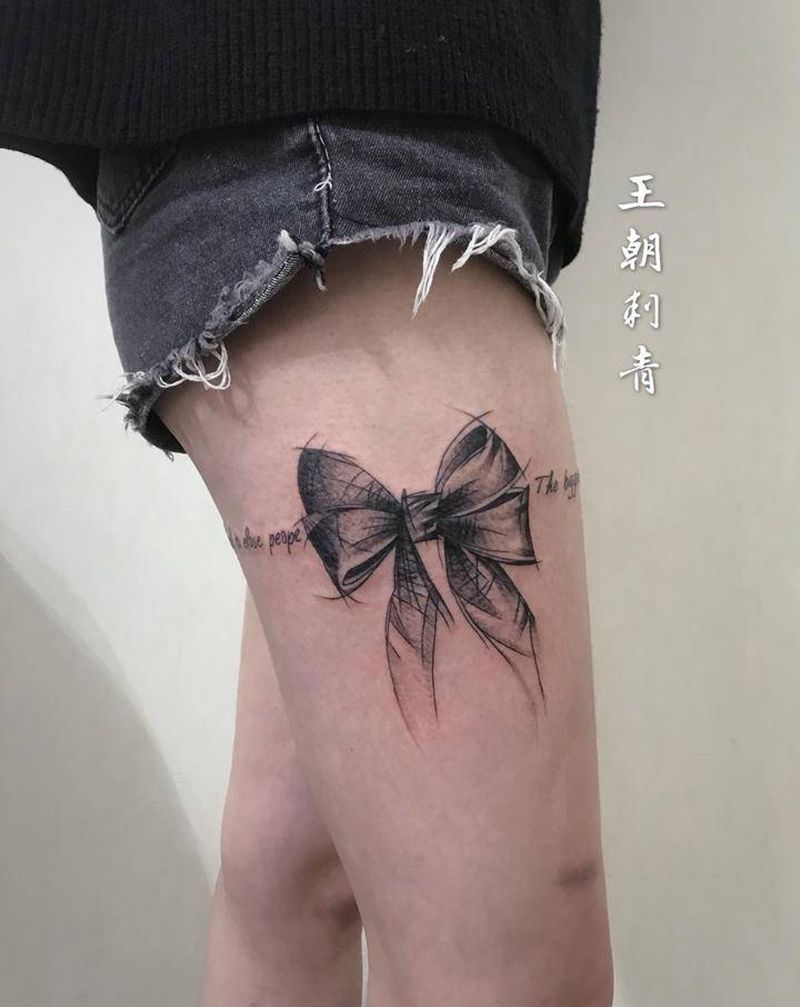 蝴蝶结纹身图片_腿部新传统几何蝴蝶结腿环纹身图案