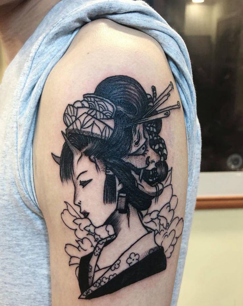 艺妓纹身图片_手臂老传统点刺纹身图案