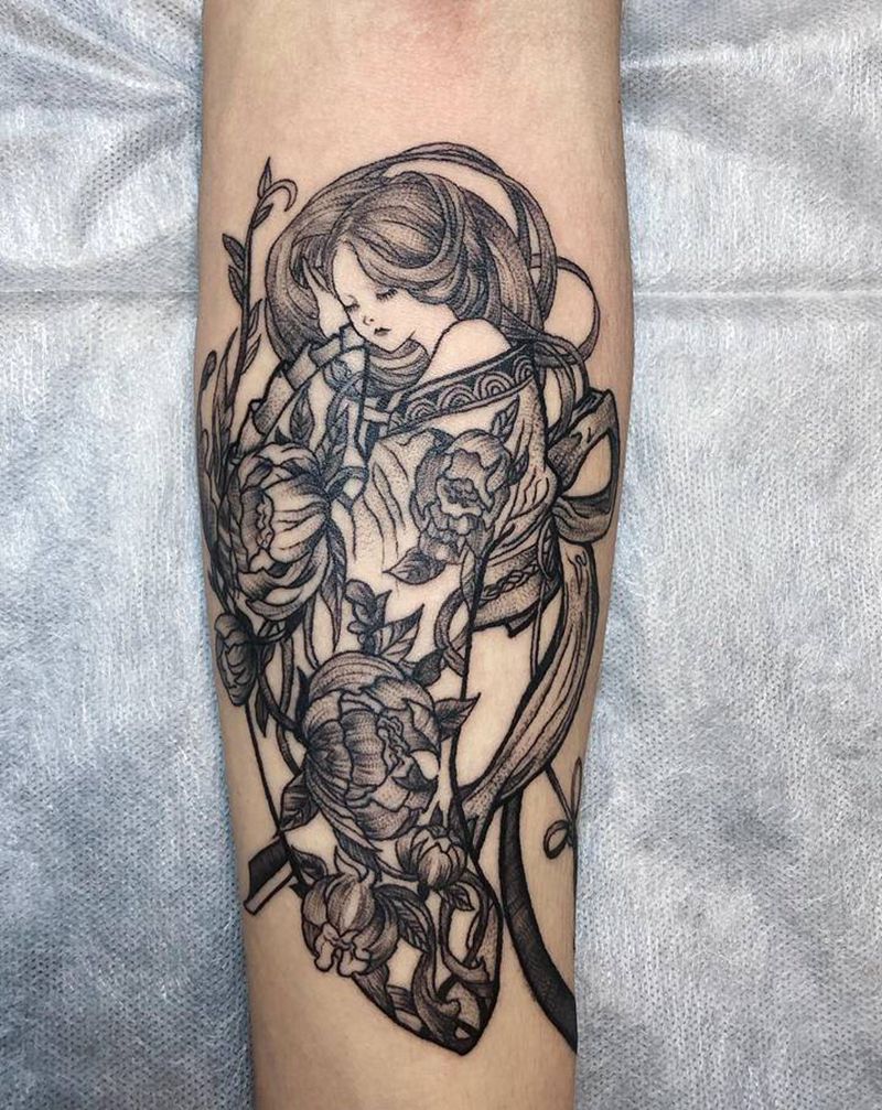 仕女纹身图片_手臂点刺纹身图案