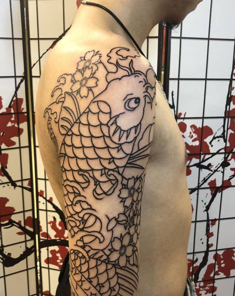 日式鲤鱼线条纹身图片_手臂老传统纹身图案