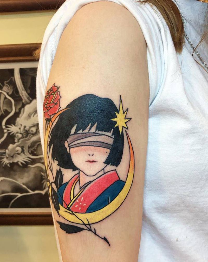 蒙眼少女纹身图片_手臂Old School纹身图案