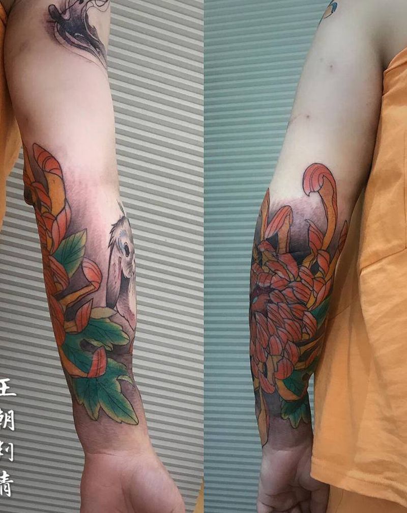 菊花纹身图片_手臂手部新传统菊花兔子纹身图案