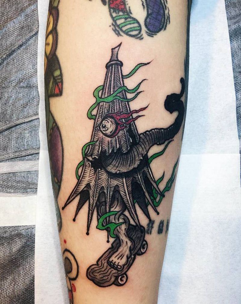 伞妖纹身图片_腿部老传统纹身图案